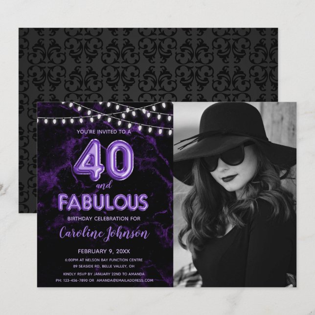 Purple 40th Birthday Party  - 40 & Fabulous Invitation (Front/Back)
