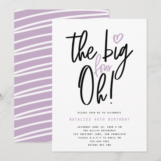 Purple 40th birthday party modern typography (Front/Back)