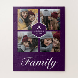 Purple 4 Pictures Family Photo Collage Name Jigsaw Puzzle