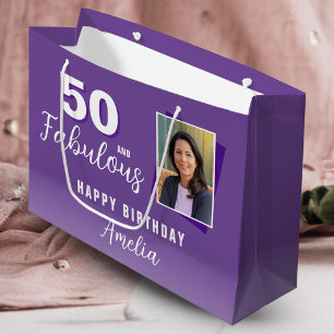 Purple 50 and Fabulous 50th Birthday Photo Large Gift Bag