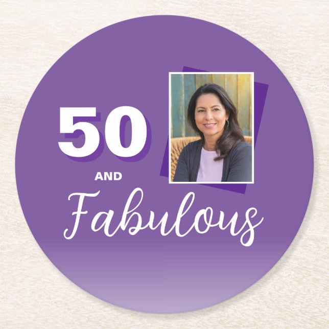 Purple 50 and Fabulous 50th Birthday Photo Round Paper Coaster (Front)