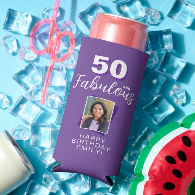 Purple 50 and Fabulous 50th Birthday Photo Seltzer Can Cooler (In Situ Summer)