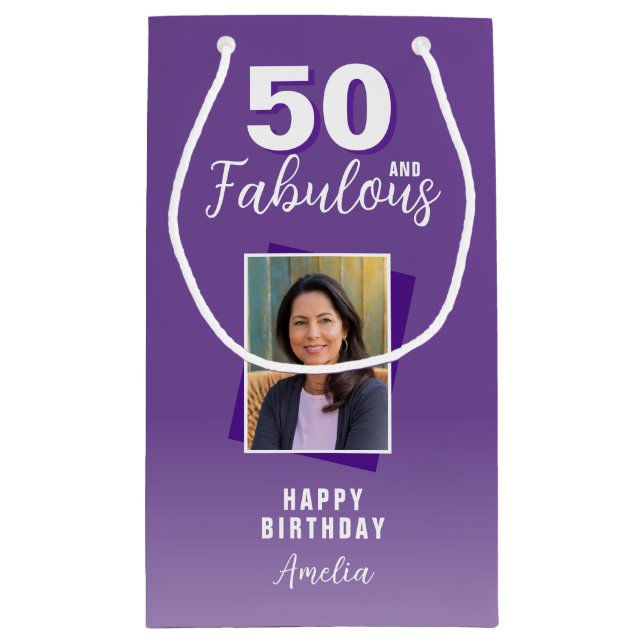 Purple 50 and Fabulous 50th Birthday Photo  Small Gift Bag (Back)