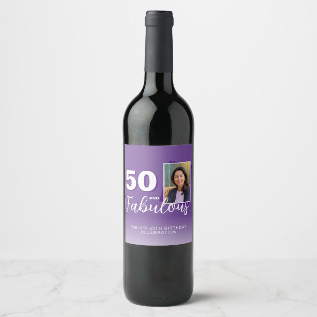 Purple 50 and Fabulous 50th Birthday Photo Wine Label (Front)
