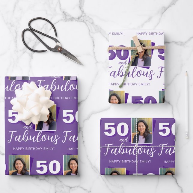 Purple 50 and Fabulous 50th Birthday Photo Wrapping Paper Sheet (Front)
