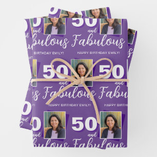 Purple 50 and Fabulous 50th Birthday Photo Wrapping Paper Sheet