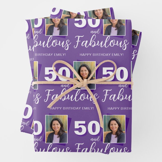 Purple 50 and Fabulous 50th Birthday Photo Wrapping Paper Sheet (In situ)