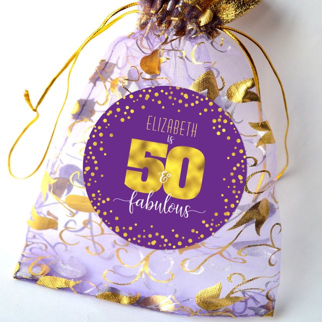 Purple 50 and fabulous birthday gold foil confetti classic round sticker (Creator Uploaded)