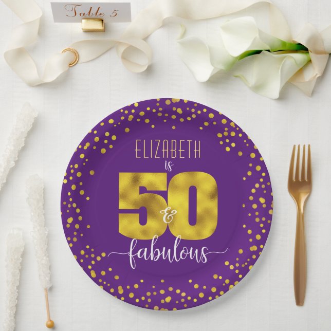 Purple 50 and fabulous birthday gold foil confetti paper plate (Wedding)