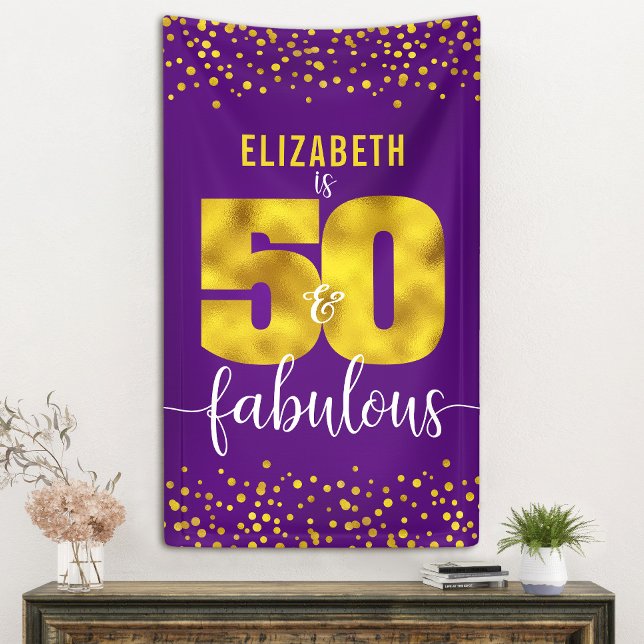 Purple 50 and fabulous birthday gold foil dots banner (Creator Uploaded)