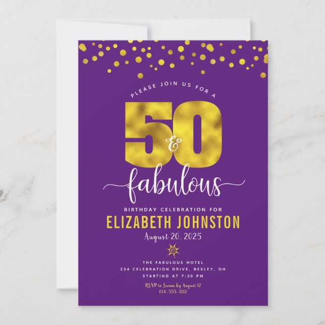 Purple 50 and fabulous birthday gold glam dots invitation (Front)