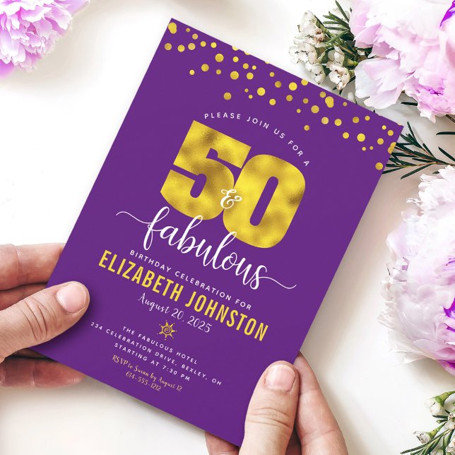 Purple 50 and fabulous birthday gold glam dots invitation (Creator Uploaded)