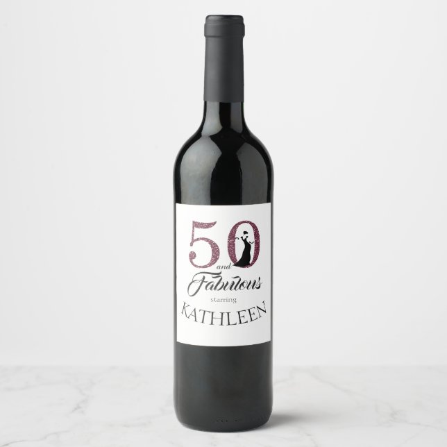 Purple 50 and Fabulous Birthday Party Custom Name Wine Label (Front)