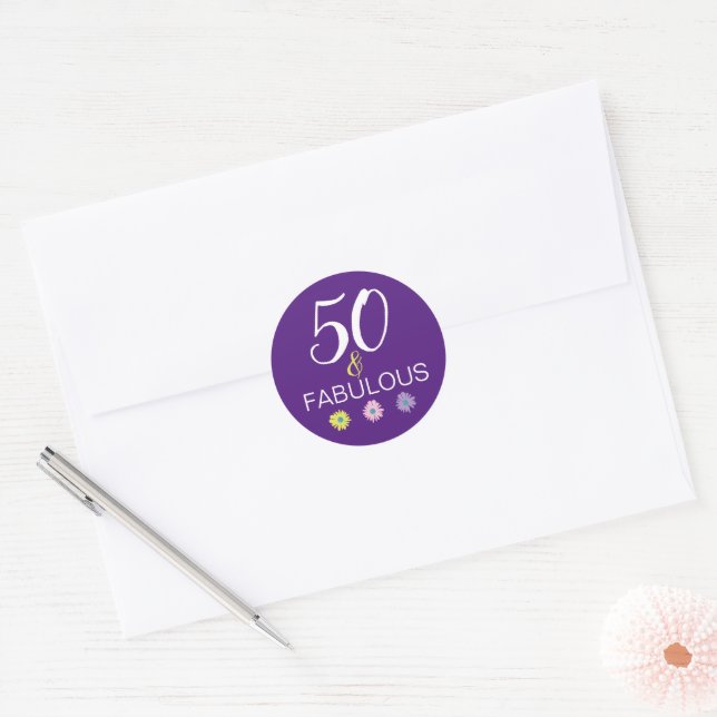 Purple 50 and Fabulous Fun Daisy Classic Round Sticker (Envelope)