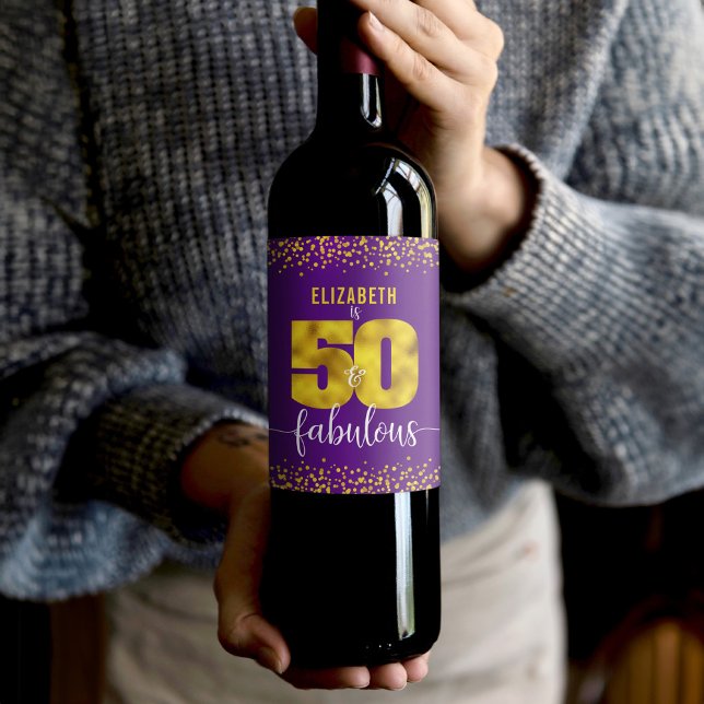Purple 50 fabulous birthday gold glam dots custom wine label (Creator Uploaded)
