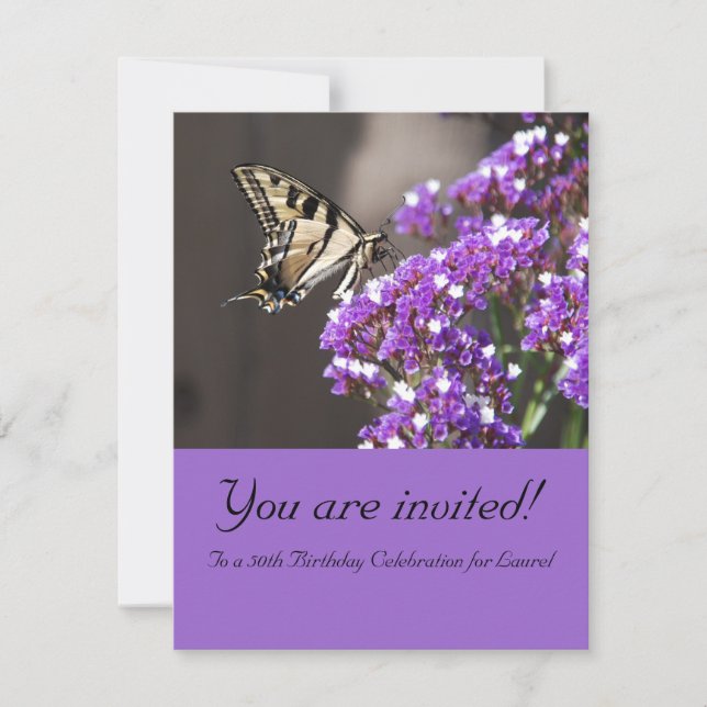 Purple 50th Birthday Invitation with Butterfly (Front)