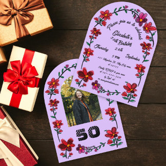 Purple 50th Birthday Party Whimsical Doodle Flower Invitation