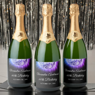 Purple 60th Birthday Party 70's Disco Ball Sparkling Wine Label