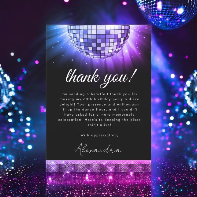 Purple 60th Birthday Party 70's Disco Ball Thank You Card (Creator Uploaded)