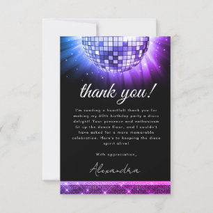 Purple 60th Birthday Party 70's Disco Ball Thank You Card