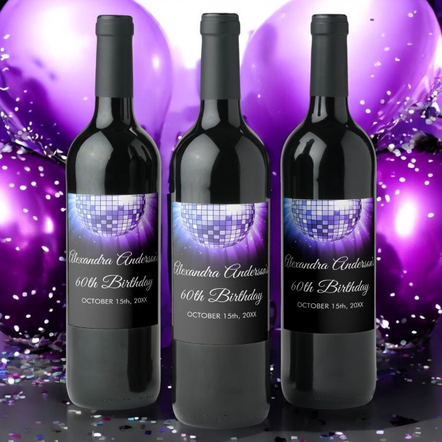 Purple 60th Birthday Party 70's Disco Ball Wine Label (Creator Uploaded)