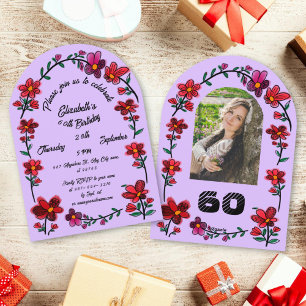 Purple 60th Birthday Party Whimsical Doodle Flower Invitation