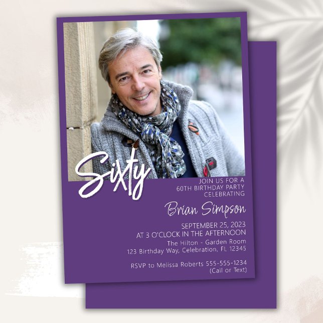 Purple 60th Birthday Photo  Invitation (Creator Uploaded)