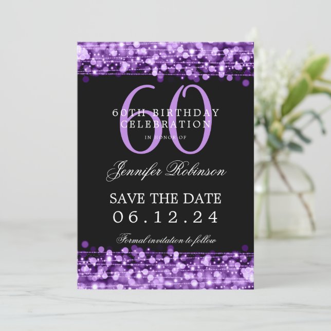 Purple 60th Birthday Save the Date w/ Details Invitation (Standing Front)