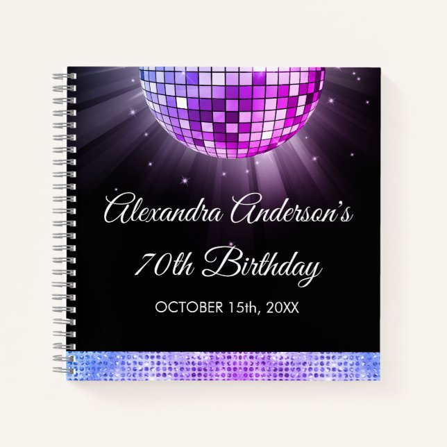 Purple 70th Birthday 70's Disco Ball Guest Book (Front)