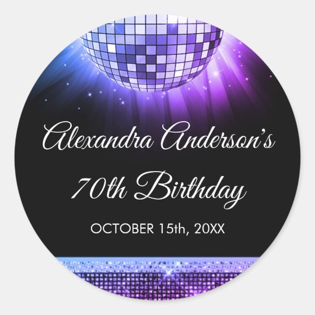 Purple 70th Birthday Party 70's Disco Ball Classic Round Sticker (Front)