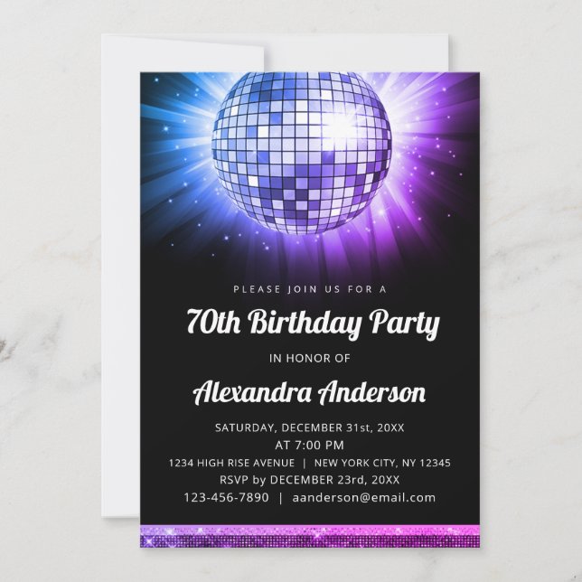 Purple 70th Birthday Party 70's Disco Ball Invitation (Front)