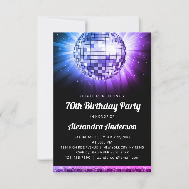 Purple 70th Birthday Party 70's Disco Ball Invitation (Front)