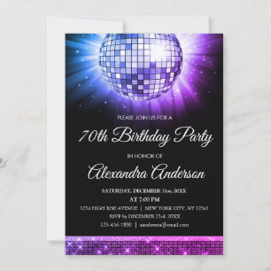 Purple 70th Birthday Party 70's Disco Ball Invitation