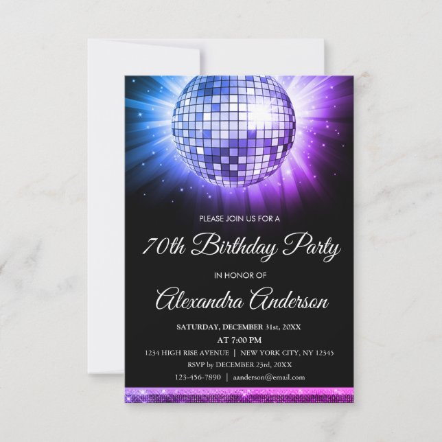 Purple 70th Birthday Party 70's Disco Ball Invitation (Front)
