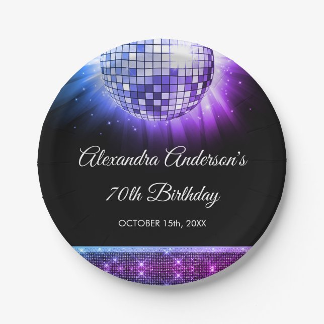 Purple 70th Birthday Party 70's Disco Ball Paper Plate (Front)