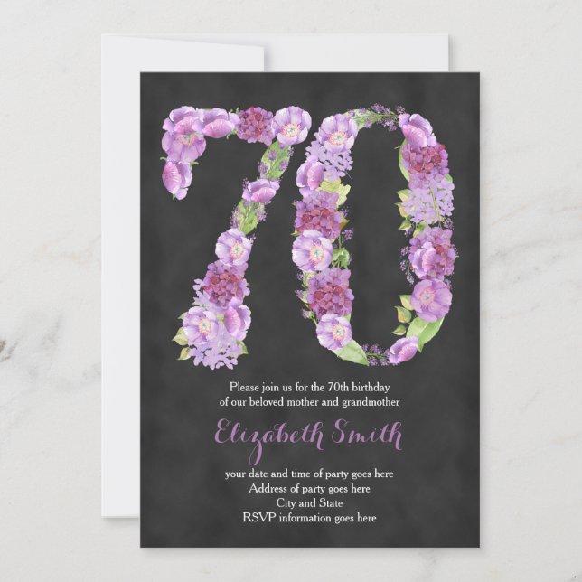 purple 70th birthday party invitations for lady (Front)