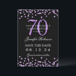 Purple 70th Birthday Save the Date Details Black  Invitation<br><div class="desc">Elegant "70th Birthday Party" design with faux glitter confetti & details text. Easy to use and easy to personalise. Order Today!</div>