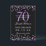 Purple 70th Birthday Save the Date Details Black  Invitation<br><div class="desc">Elegant "70th Birthday Party" design with faux glitter confetti & details text. Easy to use and easy to personalise. Order Today!</div>