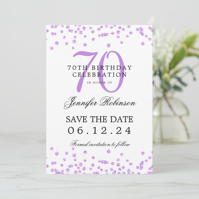 Purple 70th Birthday Save the Date Details Invitation (Standing Front)