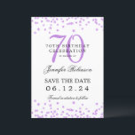 Purple 70th Birthday Save the Date Details Invitation<br><div class="desc">Elegant "70th Birthday Party" design with faux glitter confetti & details text. Easy to use and easy to personalise. Order Today!</div>