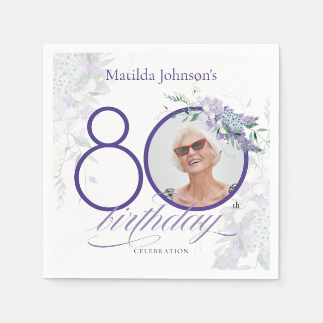 Purple 80th Birthday Floral Wisteria Custom Photo Napkin (Front)