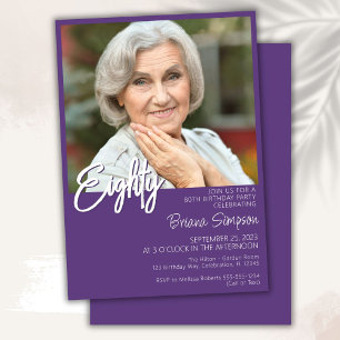 Purple 80th Birthday Photo Invitation