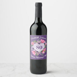 Purple 80th Birthday Wine Bottle Labels
