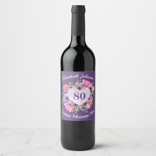 Purple 80th Birthday Wine Bottle Labels (Front)