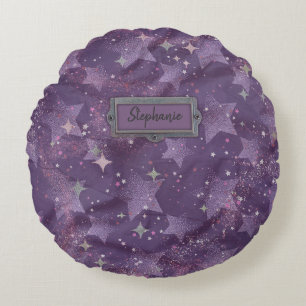 Purple 90s Retro Grunge Stars Round Cushion