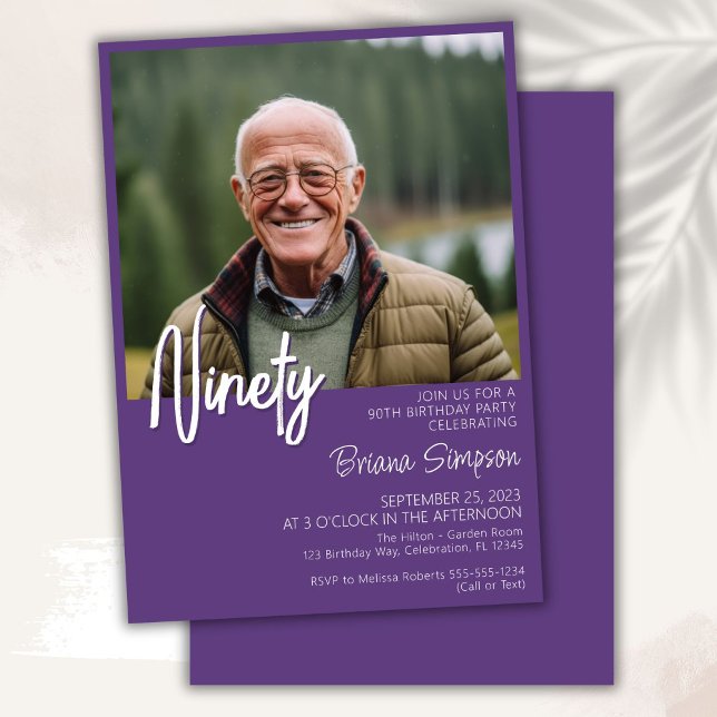 Purple 90th Birthday Photo Invitation (Creator Uploaded)