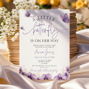 Purple A baby butterfly is on her way baby shower Invitation