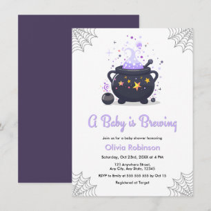 Purple A Baby is Brewing Halloween Baby Shower Invitation
