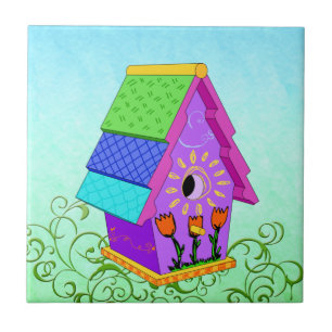 Purple A-Frame Birdhouse Tiles and Trivets
