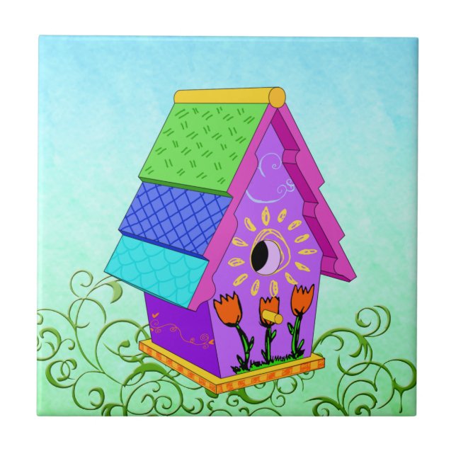 Purple A-Frame Birdhouse Tiles and Trivets (Front)